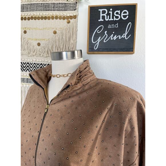 Vintage Caramel Studded Set Satin Lined Bomber Jacket Stretch Pant Suit M - Picture 16 of 16